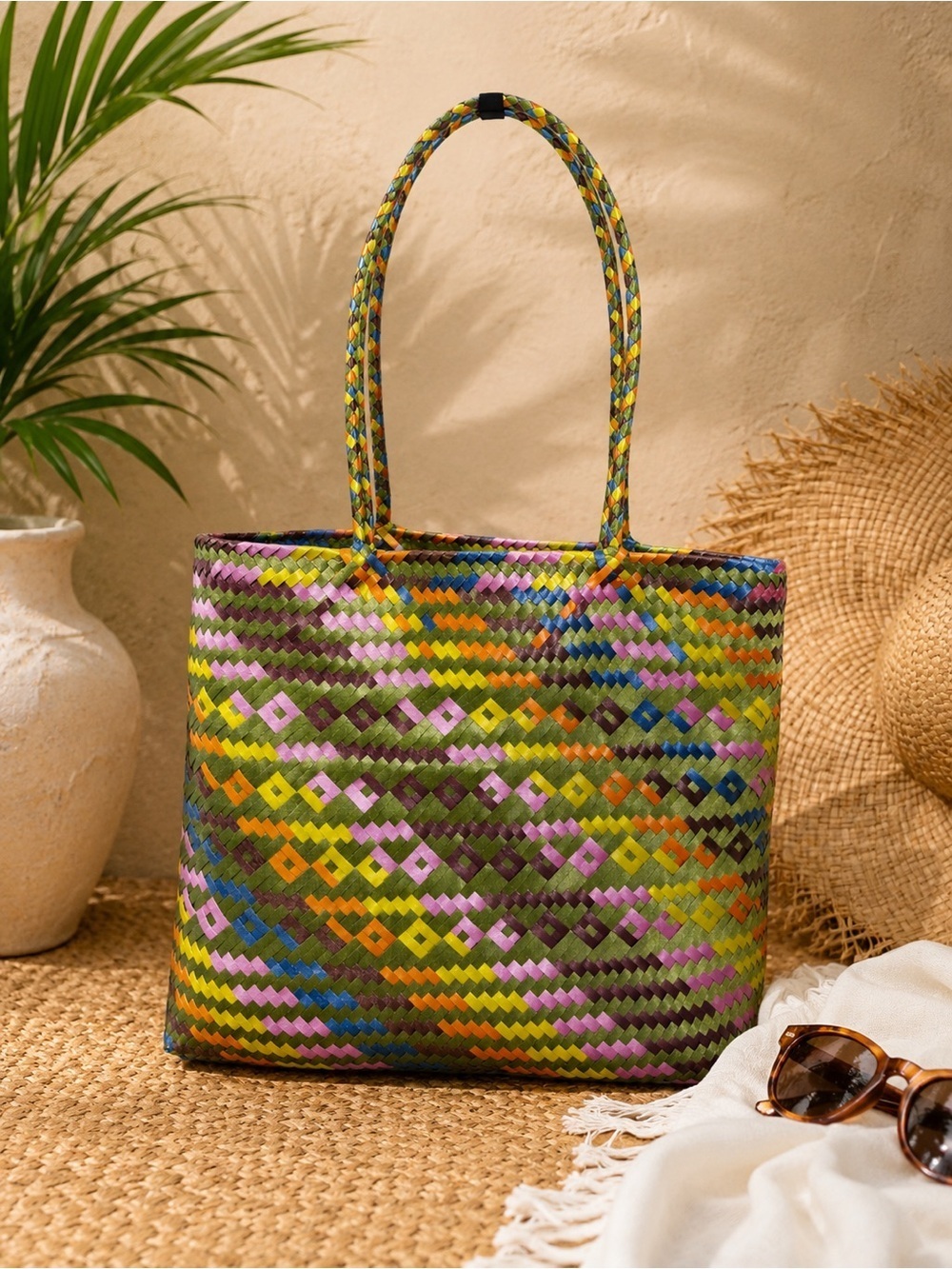 Large Colorful Mexican Woven Straw Tote Bag Market Beach Boho Handmade